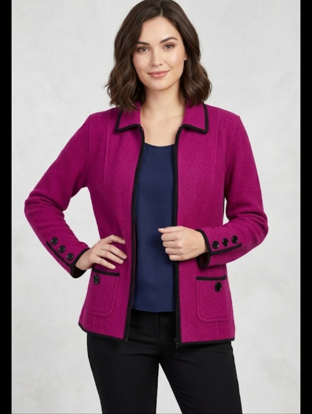 Laura Ashley Fuchsia Zip-Front 100% Wool Pea Coat with Black Trim